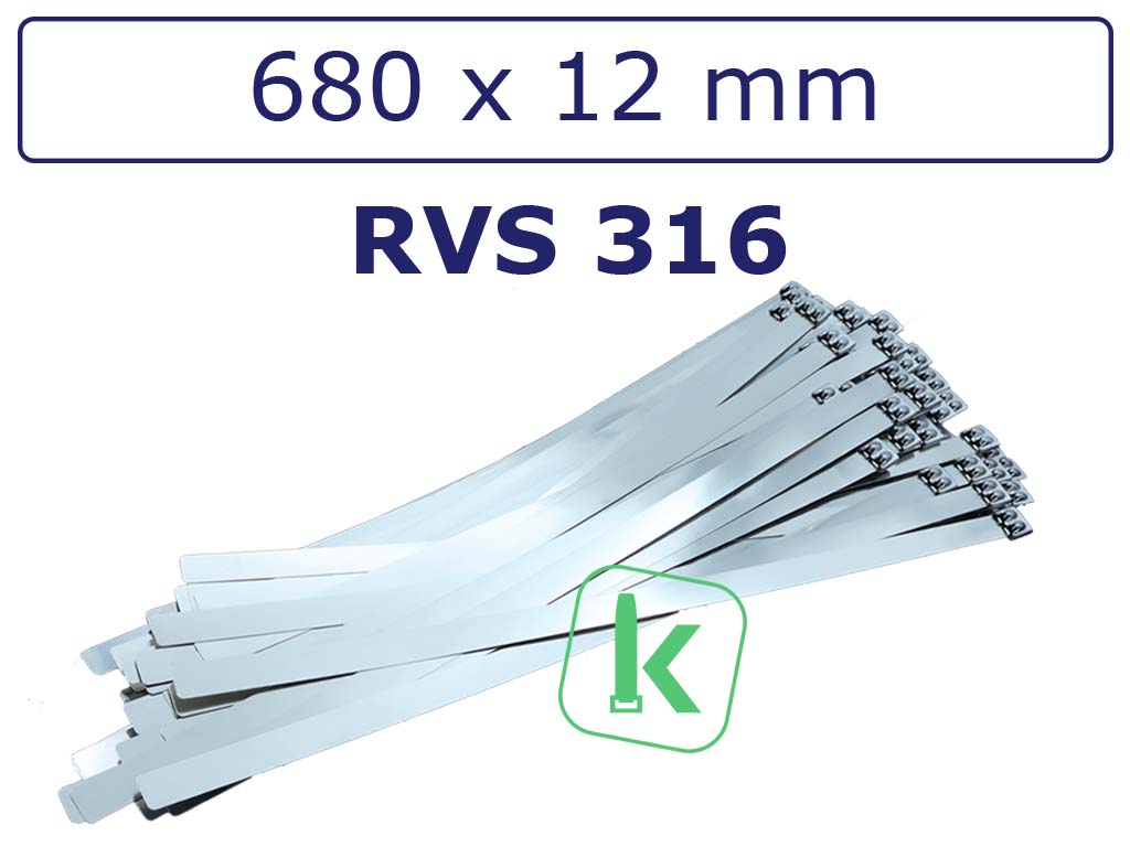 Tyraps, kabelbinders RVS 316 staal - 680 x 12 mm (Zak 100 stuks) (tiewrap/tyrap/tie-wrap/bundelbandje/colsonbandje/)