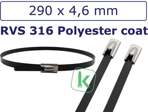 Tyraps, kabelbinders RVS 316 staal - 290 x 4,6 mm Polyester gecoat Zwart  (Zak 100 stuks)