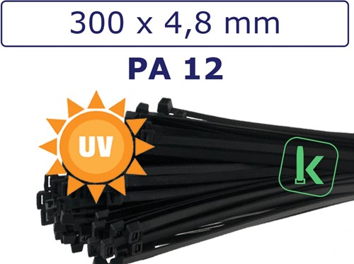 Tyraps, kabelbinders PA 12- Extreem UV ++ bestendig 300 x 4,8 mm Zwart (Zak 100 stuks)
