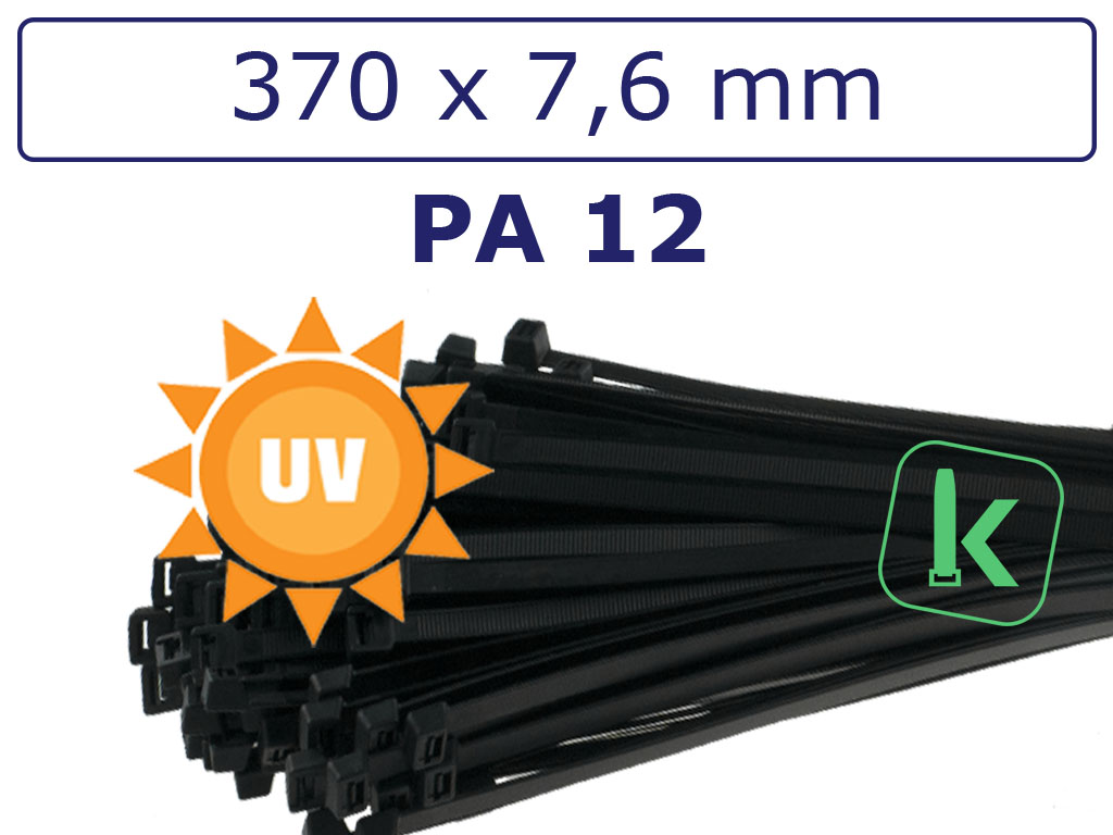 Tyraps, kabelbinders Zwart PA 12- Extreem UV ++ bestendig 370 x 7,6 mm Zwart (Zak 100 stuks) (tiewrap/tyrap/tie-wrap/bundelbandje/colsonbandje/Zwart)