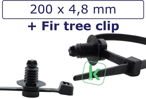 Tyraps, kabelbinders Hittebestendig 2-delig met lamelvoet en schotel (Fir-Tree Clip)  200 x 4,8 mm Zwart UV-Bestendig (Zak 100 stuks)