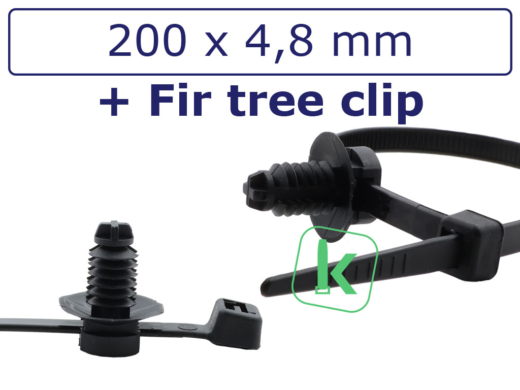 Tyraps, kabelbinders Zwart Hittebestendig 2-delig met lamelvoet en schotel (Fir-Tree Clip) 200 x 4,8 mm Zwart UV-Bestendig (Zak 100 stuks)