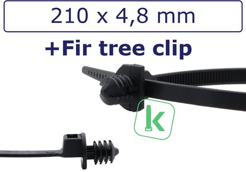 Tyraps, kabelbinders Hittebestendig met lamelvoet en schotel (Fir-Tree Clip) 210 x 4,8 mm Zwart UV-Bestendig (Zak 100 stuks)