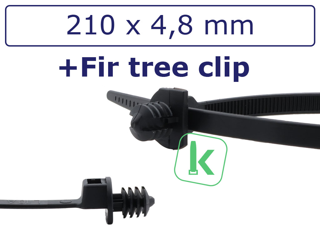 Tyraps, kabelbinders Zwart Hittebestendig met lamelvoet en schotel (Fir-Tree Clip) 210 x 4,8 mm Zwart UV-Bestendig (Zak 100 stuks)
