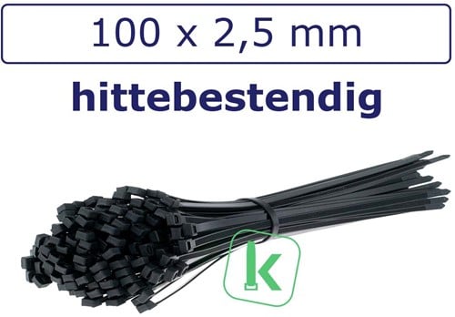 Tyraps, kabelbinders Hitte bestendig 100 x 2,5 mm Zwart UV bestendig (Zak 100 stuks)