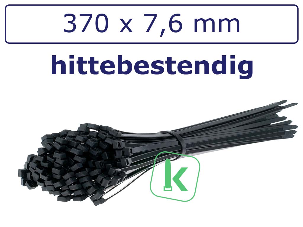 Tyraps, kabelbinders Zwart Hitte bestendig 370 x 7,6 mm Zwart UV bestendig (Zak 100 stuks) (tiewrap/tyrap/tie-wrap/bundelbandje/colsonbandje/Zwart)