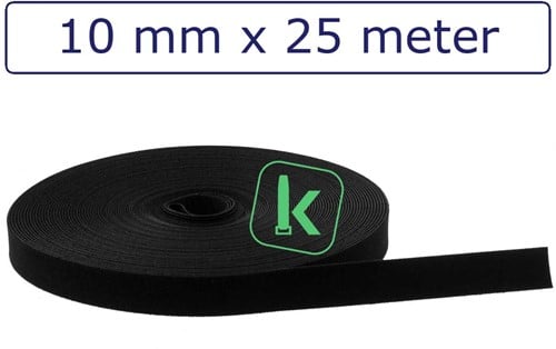 Klittenband back to back 10 mm breed Zwart UV bestendig (Rol 25 meter)