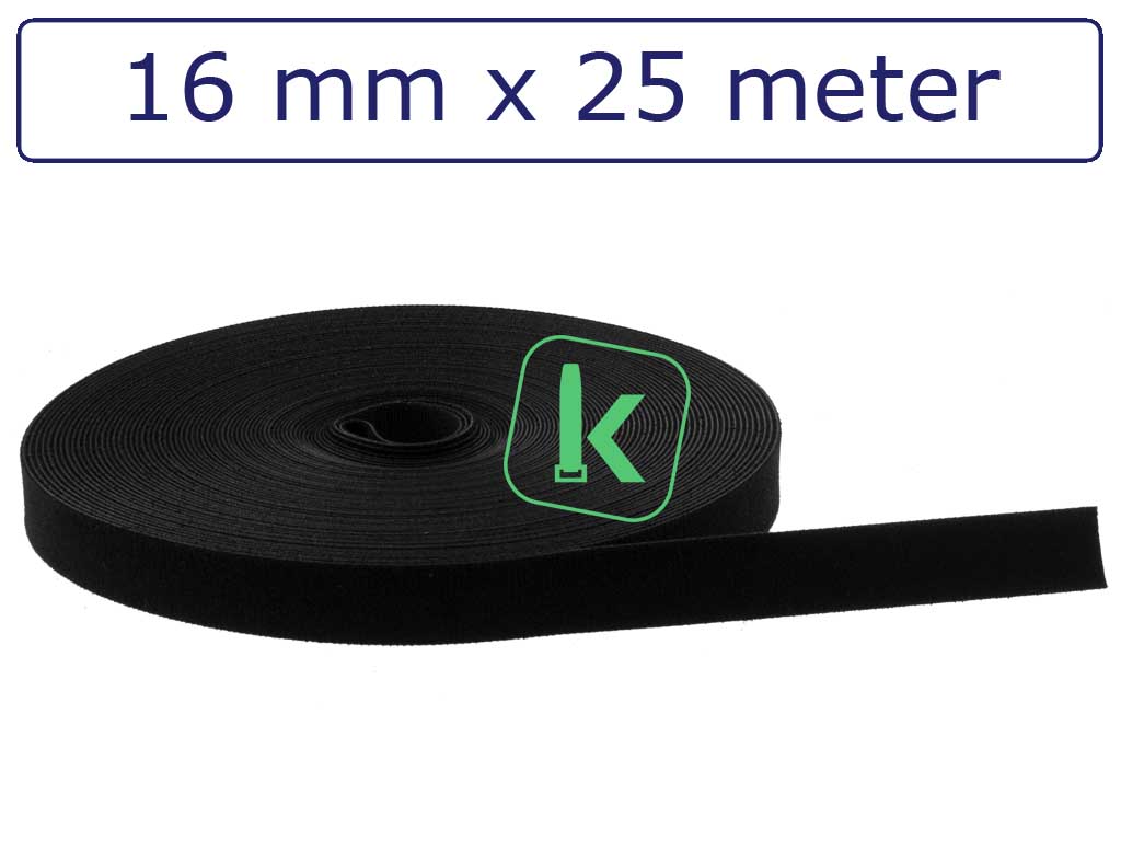 Klittenband rol 16 mm breed Zwart UV bestendig (Rol 25 meter)