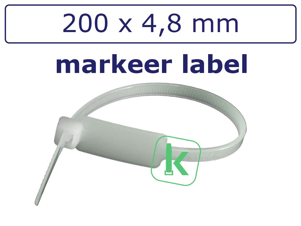 Tyraps, kabelbinders Wit met Markeer Label 200 x 4,8 mm Wit naturel (Zak 100 stuks) (tiewrap/tyrap/tie-wrap/bundelbandje/colsonbandje/Wit)