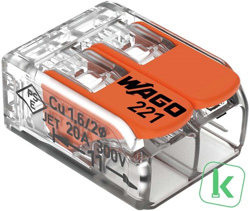 WAGO (221-412) Lasklem / verbindingsklem 2-voudig Max. 4mm2 met hendels, Transparant (Doos 100 stuks)