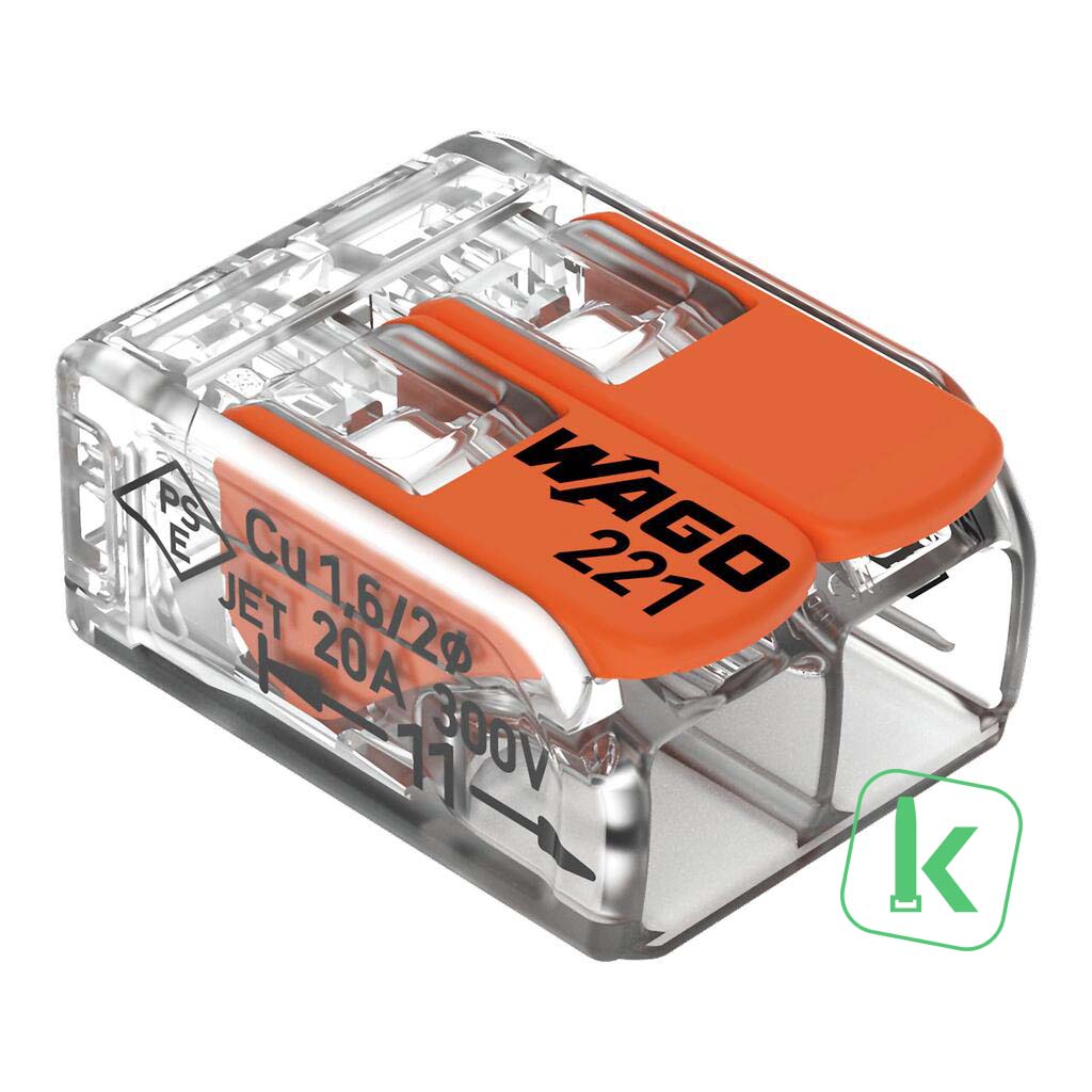 WAGO (221-412) Lasklem / verbindingsklem 2-voudig Max. 4mm2 met hendels, Transparant (Doos 100 stuks)