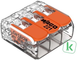 WAGO (221-413) Lasklem / verbindingsklem 3-voudig Max. 4mm2 met hendels, Transparant (Doos 50 stuks)