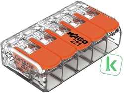 WAGO (221-415) Lasklem / verbindingsklem 5-voudig Max. 4mm2 met hendels, Transparant (Doos 25 stuks)