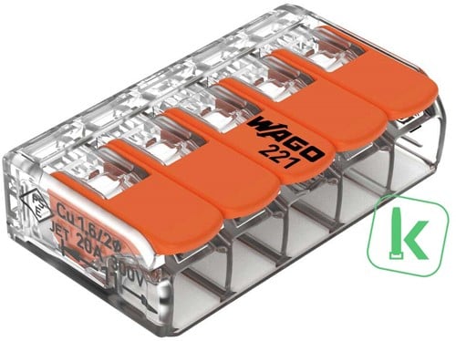 WAGO (221-415) Lasklem / verbindingsklem 5-voudig Max. 4mm2 met hendels, Transparant (Doos 25 stuks)