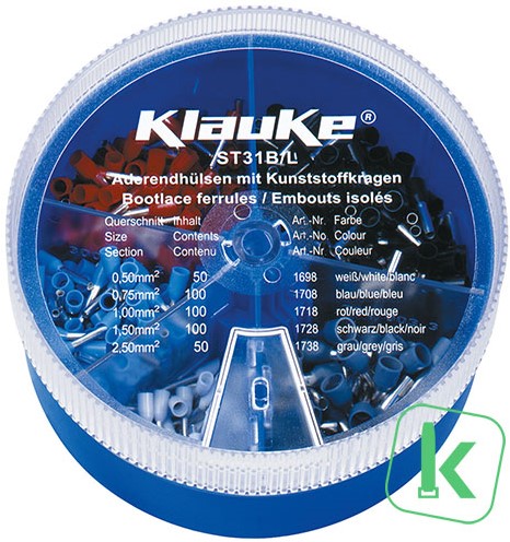 Klauke (ST 31 B) Assortiment / Strooidoos Adereindhulzen 0,5 - 2,5mm²  Geïsoleerd (Box 400 stuks)