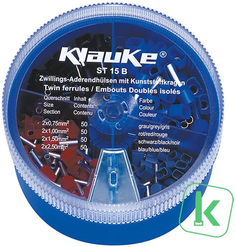 Klauke (ST 15 B) Assortiment / Strooidoos Twin - Adereindhulzen 0,75 - 2,5mm²  Geïsoleerd (Box 200 stuks)