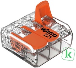 WAGO (221-613) Lasklem / verbindingsklem 3-voudig Max. 6mm2 met hendels, Transparant (Doos 30 stuks)