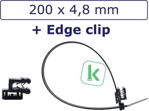 Tyraps, kabelbinders speciaal UV++ bestendig 200 x 4,8 mm zwart, met Edge Clip (A-Type), paneel klemvoet voor paneel 1 t/m 3mm Zwart (Zak 100 stuks)