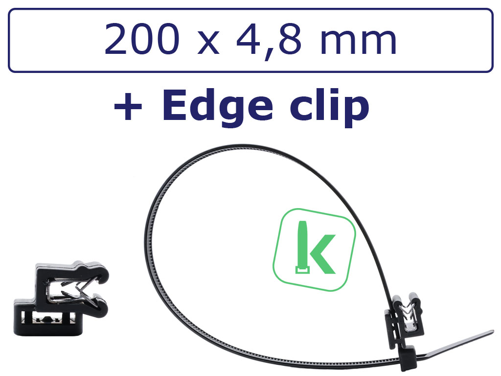 Tyraps, kabelbinders Zwart speciaal UV++ bestendig 200 x 4,8 mm zwart, met Edge Clip (A-Type), paneel klemvoet voor paneel 1 t/m 3mm Zwart (Zak 100