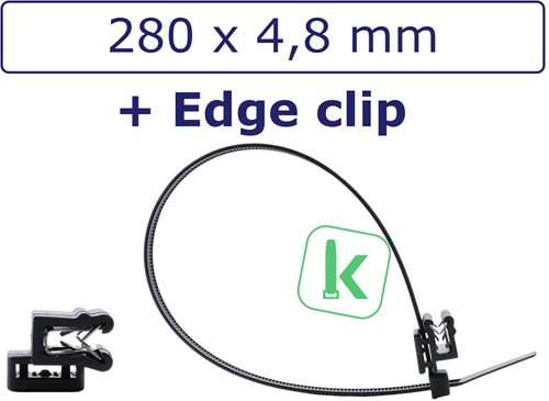 Tyraps, kabelbinders speciaal UV++ bestendig 280 x 4,8 mm zwart, met Edge Clip (A-Type), paneel klemvoet voor paneel 1 t/m 3mm Zwart (Zak 100 stuks)