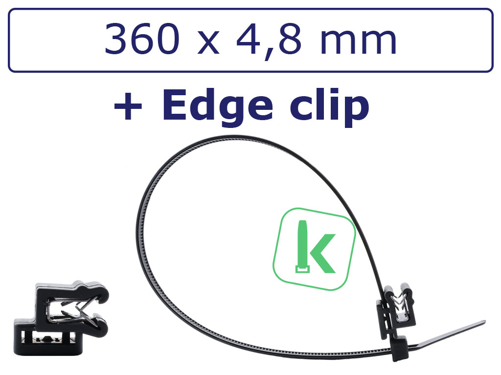 Tyraps, kabelbinders Zwart speciaal UV++ bestendig 360 x 4,8 mm zwart, met Edge Clip (A-Type), paneel klemvoet voor paneel 1 t/m 3mm Zwart (Zak 100
