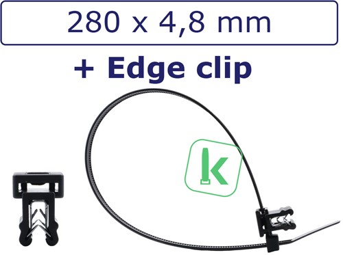 Tyraps, kabelbinders speciaal UV++ bestendig 280 x 4,8 mm zwart, met Edge Clip (B-Type), paneel klemvoet voor paneel 1 t/m 3mm Zwart (Zak 100 stuks)