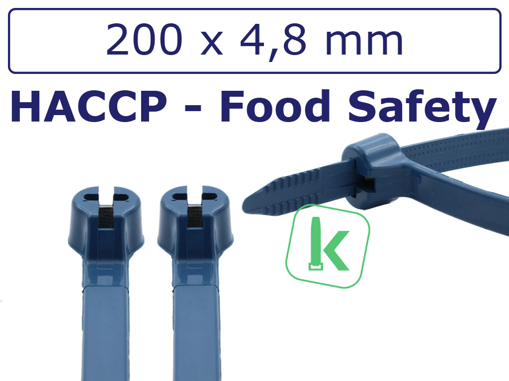 PRO-TIE® Premium Tyraps, kabelbinders Blauw Detecteerbaar (HACCP) met stalen RVS 316 sluiting 200 x 4,8 mm Blauw (Zak 100 stuks)