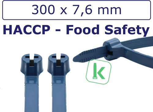PRO-TIE® Premium Tyraps, kabelbinders Detecteerbaar (HACCP) met stalen RVS 316 sluiting 300 x 7,6 mm Blauw  (Zak 100 stuks)