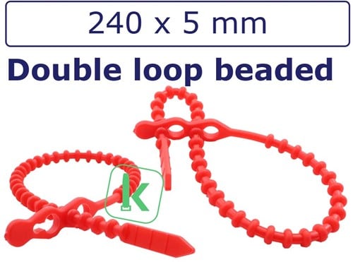 Bundelbanden, Snelbinders Hersluitbaar met dubbele kop, Rattenstaart / Beaded Cable Ties - 240 x 5,0 mm Rood (Zak 100 stuks)