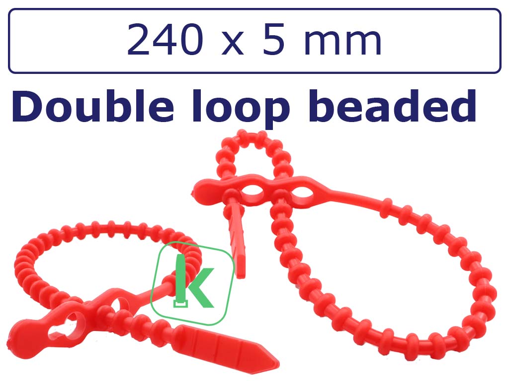 Bundelbandjes, Snelbinders Hersluitbaar met dubbele kop, Rattenstaart / Beaded Cable Ties - 240 x 5,0 mm Rood (Zak 100 stuks)