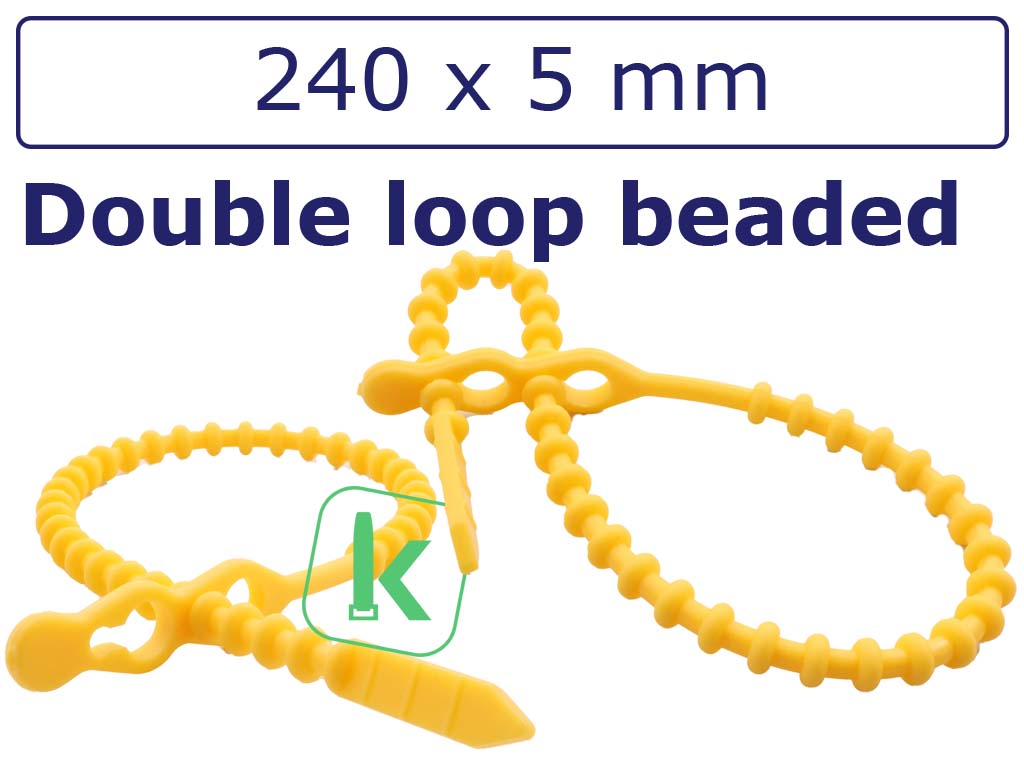 Bundelbandjes, Snelbinders Hersluitbaar met dubbele kop, Rattenstaart / Beaded Cable Ties - 240 x 5,0 mm Geel (Zak 100 stuks)