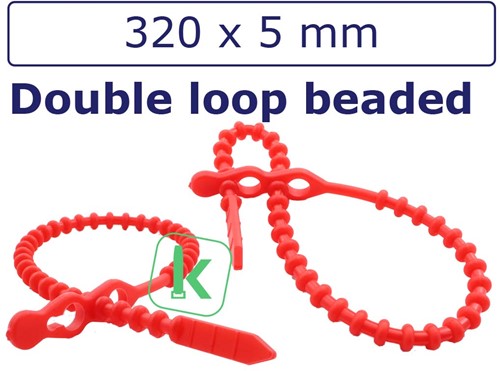 Bundelbanden, Snelbinders Hersluitbaar met dubbele kop, Rattenstaart / Beaded Cable Ties - 320 x 5,0 mm Rood (Zak 100 stuks)