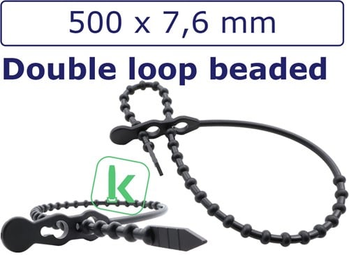Bundelbanden, Snelbinders Hersluitbaar met dubbele kop, Rattenstaart / Beaded Cable Ties - 500 x 7,6 mm Zwart UV-Bestendig (Zak 100 stuks)