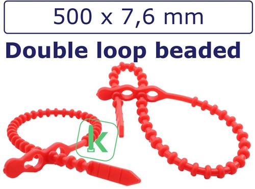 Bundelbanden, Snelbinders Hersluitbaar met dubbele kop, Rattenstaart / Beaded Cable Ties - 500 x 7,6 mm Rood (Zak 100 stuks)
