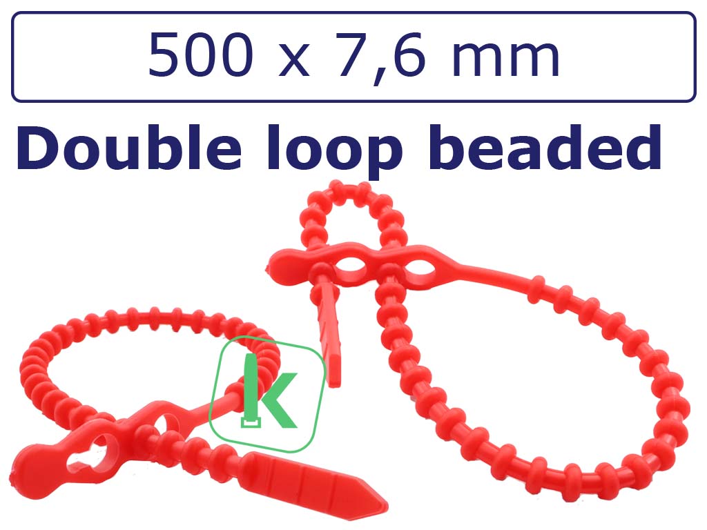 Bundelbandjes, Snelbinders Hersluitbaar met dubbele kop, Rattenstaart / Beaded Cable Ties - 500 x 7,6 mm Rood (Zak 100 stuks)