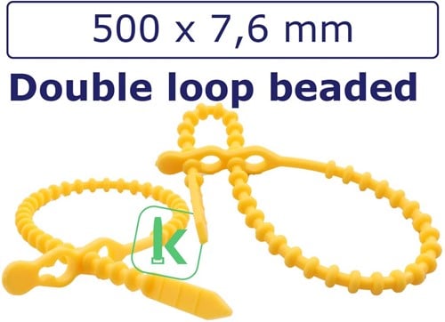 Bundelbanden, Snelbinders Hersluitbaar met dubbele kop, Rattenstaart / Beaded Cable Ties - 500 x 7,6 mm Geel (Zak 100 stuks)