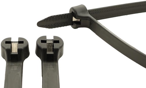 PRO-TIE® Premium Tyraps, kabelbinders met stalen RVS 316 sluiting 370 x 7,6 mm Zwart UV bestendig (Zak 100 stuks)-2