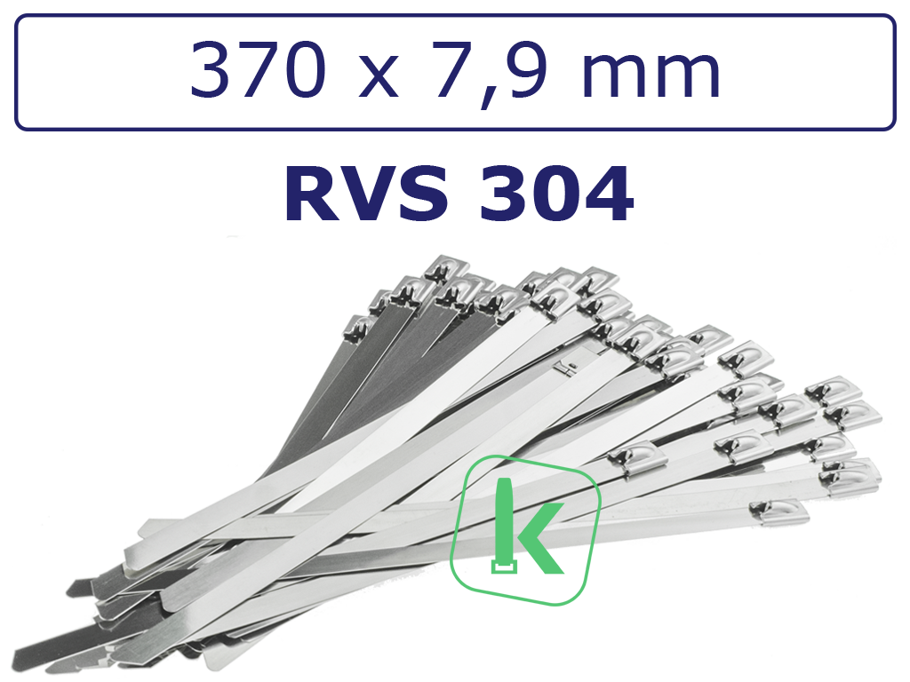 Tyraps, kabelbinders RVS 304 staal 370 x 7,9 mm (Zak 100 stuks) (tiewrap/tyrap/tie-wrap/bundelbandje/colsonbandje/)