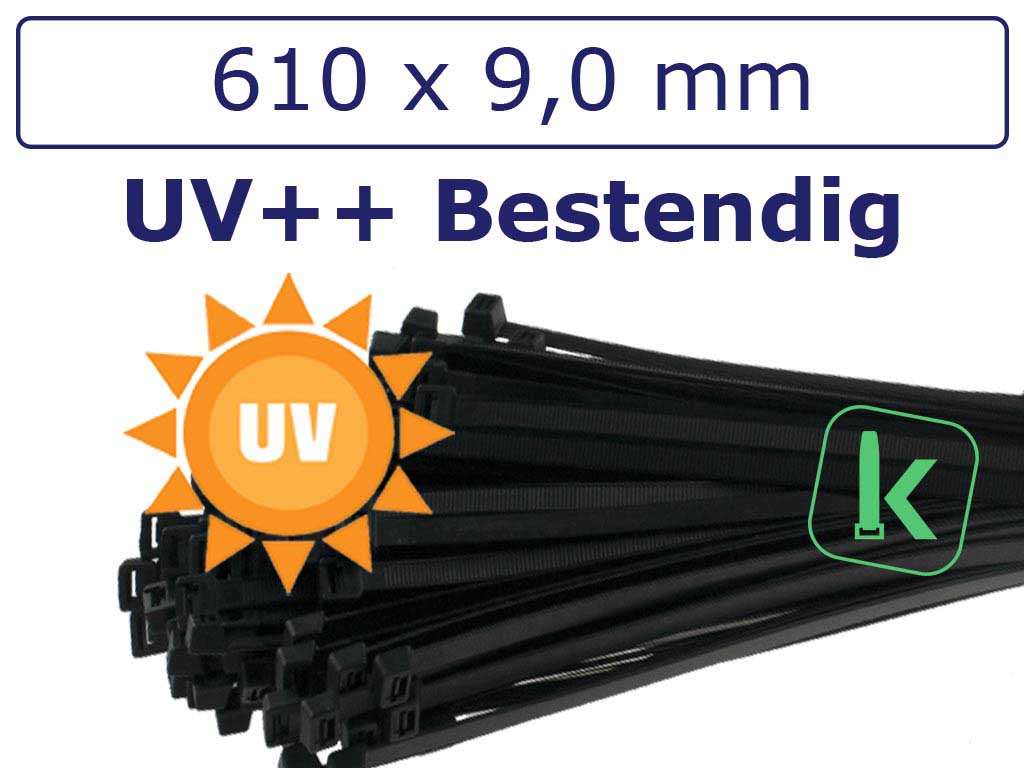 Tyraps, kabelbinders Zwart Speciaal UV ++ bestendig 610 x 9 mm Zwart (Zak 100 stuks) (tiewrap/tyrap/tie-wrap/bundelbandje/colsonbandje/Zwart)
